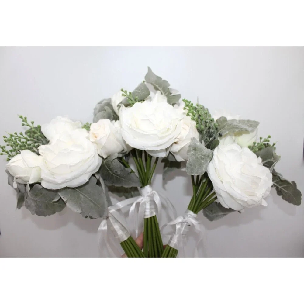 Wedding Artificial Flower Bouquet Lot of 3 Bridesmaid Bridal Flower Girl WHITE